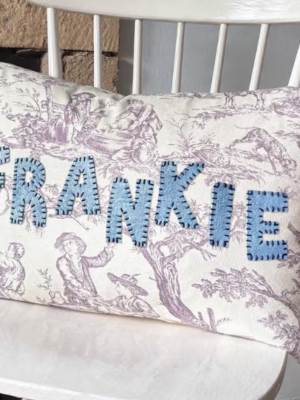 Personalised Toile Name Cushion – Handmade Felt Appliqué Nursery / Christening Gift