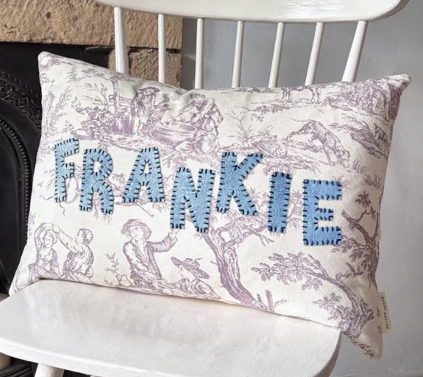 Personalised Toile Name Cushion – Handmade Felt Appliqué Nursery / Christening Gift