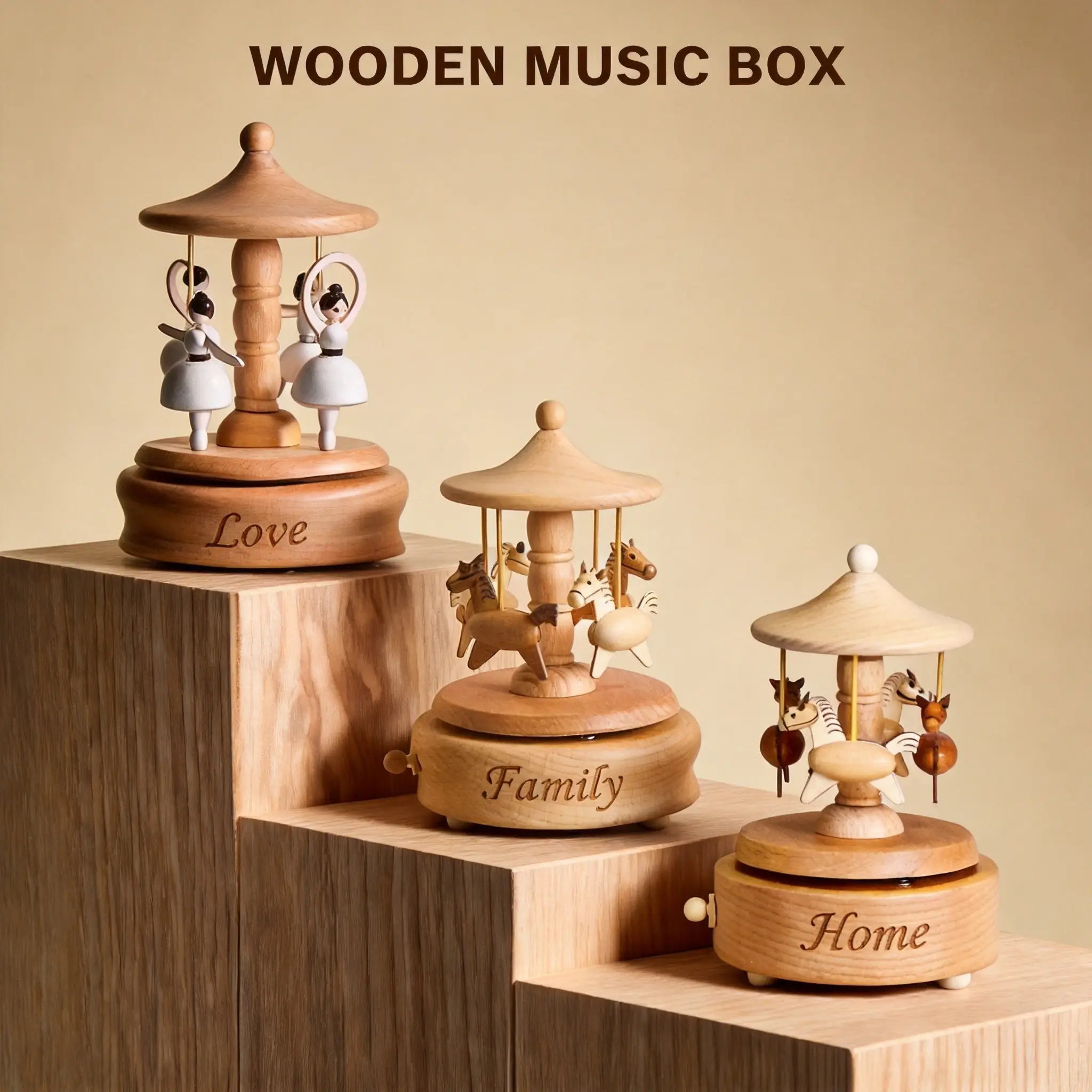Rotating Carousel Wooden Music Box, Custom Laser Engraved Natural Beech Wood Musical Box, Classic Hand Crank Music Box, Ideal Gift for Birthday, Valentine, Christmas, Baby Shower
