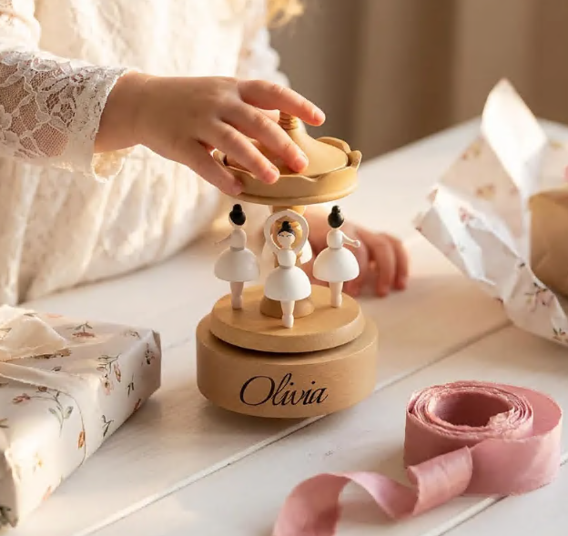 Engraved Newborn Keepsake, Nursery Decor, Baby Shower & Baptism Gift,Personalized Wooden Carousel Music Box with Name - Image 2