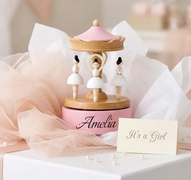 Engraved Newborn Keepsake, Nursery Decor, Baby Shower & Baptism Gift,Personalized Wooden Carousel Music Box with Name - Image 6