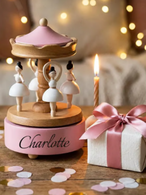 Engraved Newborn Keepsake, Nursery Decor, Baby Shower & Baptism Gift，Personalized Wooden Carousel Music Box with Name