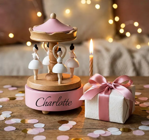 Engraved Newborn Keepsake, Nursery Decor, Baby Shower & Baptism Gift，Personalized Wooden Carousel Music Box with Name