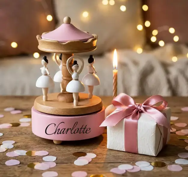 Engraved Newborn Keepsake, Nursery Decor, Baby Shower & Baptism Gift，Personalized Wooden Carousel Music Box with Name