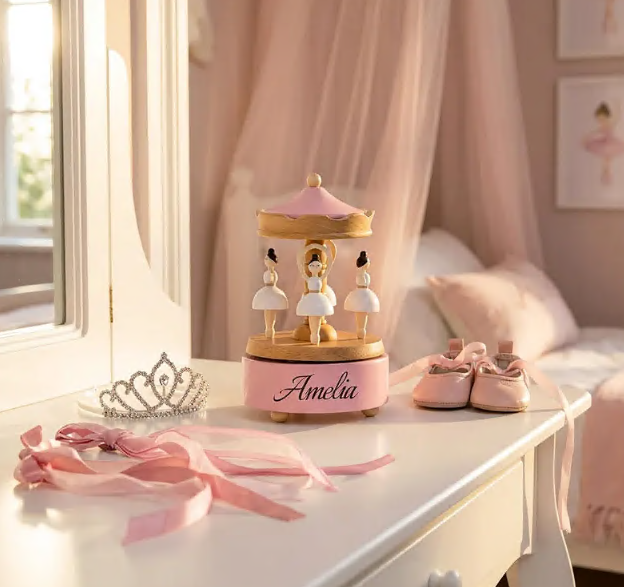 Engraved Newborn Keepsake, Nursery Decor, Baby Shower & Baptism Gift,Personalized Wooden Carousel Music Box with Name - Image 5